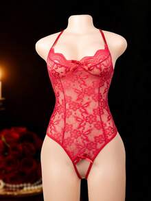 1pc Women's Sexy Lace Bodysuit, Tight-Fitting Lingerie With Open Crotch Design, Sheer And Alluring