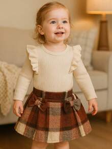 Infant Girls' Ruffled Sleeve Knit Top + Retro Plaid Woolen Skirt 2-Piece Set, Toddler Princess Style Long Sleeve T-Shirt + Bow A-Line Skirt Outfit, 0-4 Years, Korean Sweet Casual Wear - Black - View 1