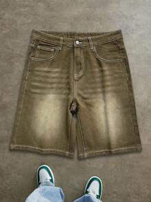 Quần short denim nam HEHCN có túi trước, kiểu dáng vintage màu xanh lam bạc màu, phong cách thời trang đường phố Mỹ, quần short Bermuda, món quà thích hợp cho bạn trai, chồng. - Màu xanh Ô liu - Xem 6