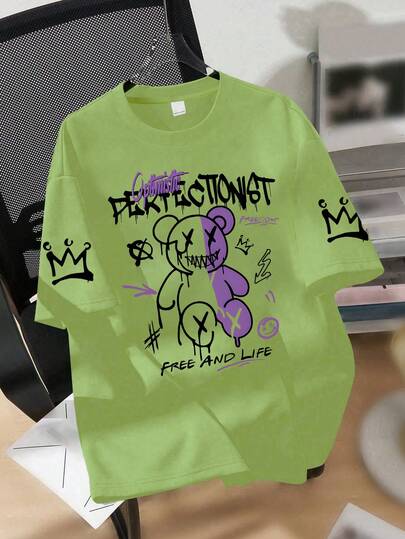 1pc Boys' Dark Color Bear Graffiti Print Short Sleeve T-Shirt, Comfortable & Breathable, Casual Wear For Summer