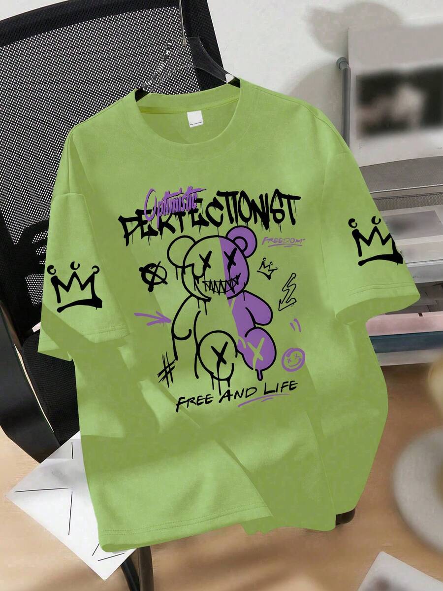 1 chiếc áo thun ngắn tay màu tối in hình gấu graffiti dành cho bé trai, thoải mái và thoáng khí, thích hợp mặc thường ngày vào mùa hè. - màu xanh lá - Xem 1