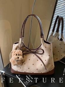 1pc Polka Dot Faux Suede Tote Bag, Fashion Women's Handbag, Shoulder Bag For Commuting, Dating, Daily Use, Comes With Pendant , Polka Dot - Khaki - View 5