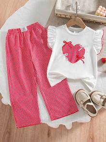 Set de 2 piezas de ropa casual de verano para niñas con top sin mangas con estampado de corazón y lazo, y pantalones con estampado de parches - Blanco - Ver 1