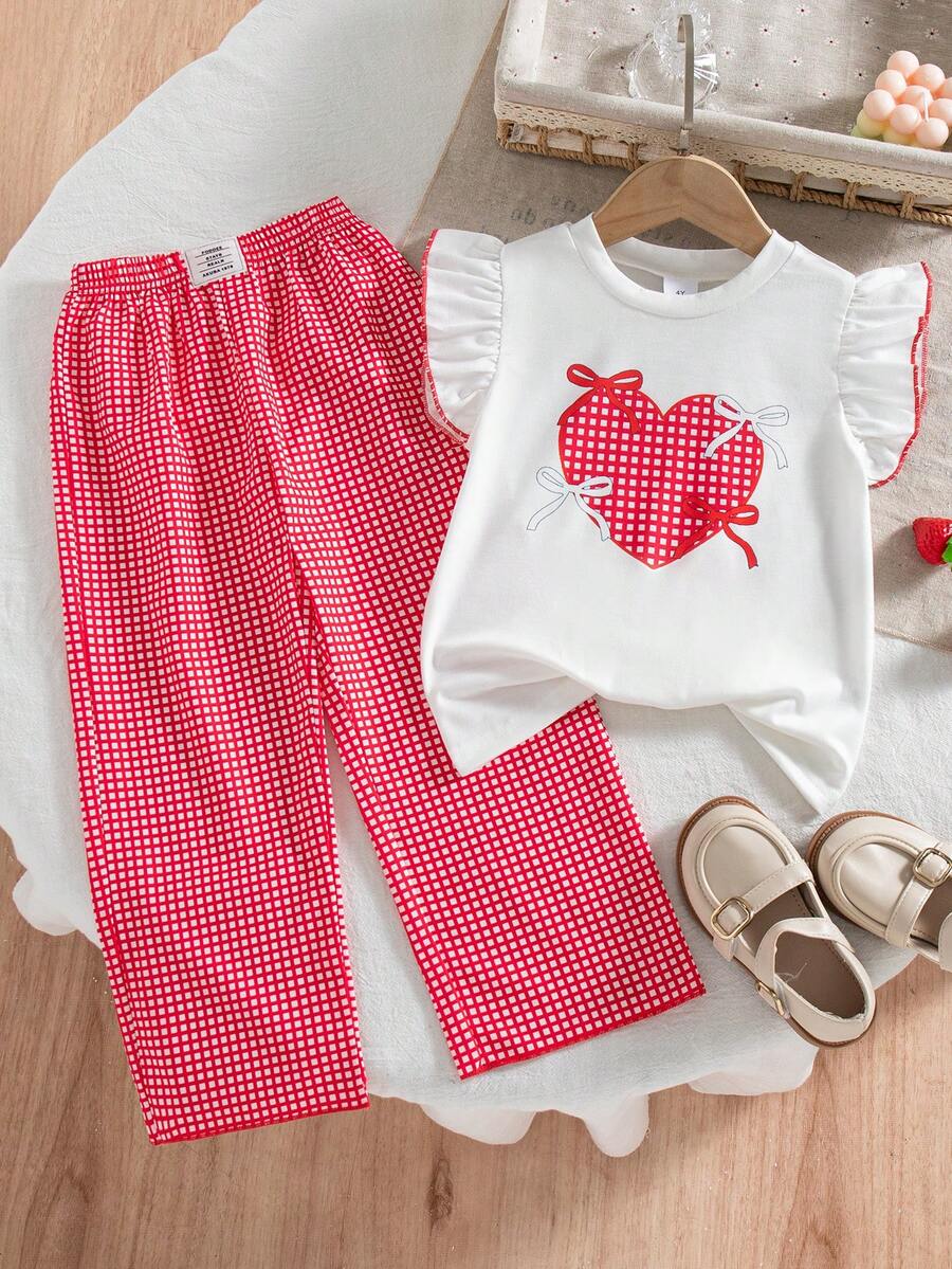 Set de 2 piezas de ropa casual de verano para niñas con top sin mangas con estampado de corazón y lazo, y pantalones con estampado de parches - Blanco - Ver 1