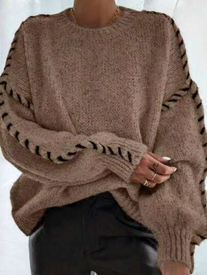 WoolFortune Solid Color Soft Loose Drop Shoulder Hand-Sewn Hem Crew Neck Sweater, Autumn/Winter Spring