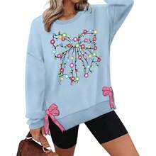 Sudaderas de Navidad para mujer, con estampado de luces de Navidad, aberturas laterales a, lazo de lentejuelas rosadas, cuello redondo, suter de da festivo - Azul claro + XL - Ver 1