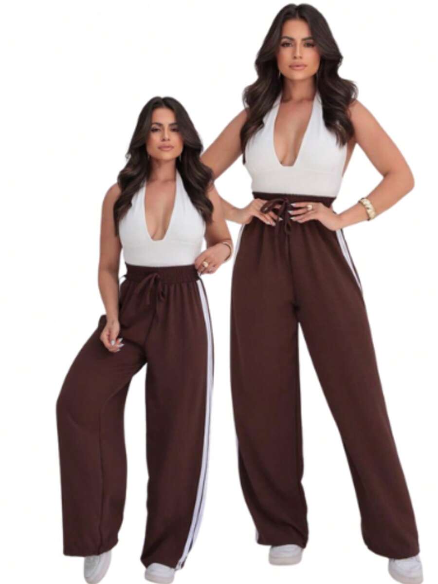 Wide-Leg Striped Track Pants, High-Waisted, Simple, All. - Rỉ Nâu - Xem 1