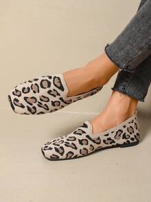Leopard Print Flat Loafers For Women, Soft Sole Slip-On Casual Breathable Woven Shoes - Khaki - View 3
