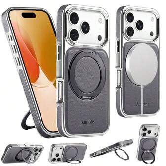  1pc Aunote Black/White/Gray/Brown Luxury Litchi Grain PU Leather Electroplated Magnetic Kickstand Phone Case, With Electroplated TPU Soft Edge Protection, Slip-Resistant PU Leather Side Design, 360° Rotating Smooth Grip Ring Stand, Ideal For Streaming, Office, Photography, Supports Wireless Charging, Car Mount, Compatible With IPhone 16/16 Pro/16 Pro Max/17/17 Pro/Air/17 Pro Max, Unisex Premium Gift