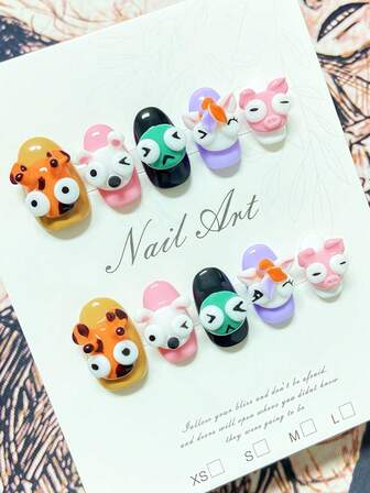 10pcs Handmade Press-On Nails, Cute Nails, False Nails, Oval Nails, Short Nails, 3D Animal Decorations, Simple And Feminine, Suitable For Girls' Daily Nail Art And Date Nail Art, Includes Jelly Gel And Nail File.