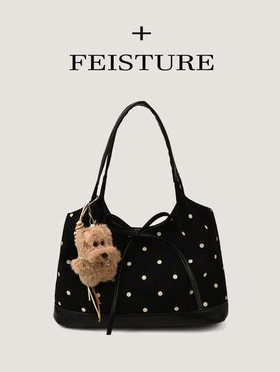 1pc Polka Dot Faux Suede Tote Bag, Fashion Women's Handbag, Shoulder Bag For Commuting, Dating, Daily Use, Comes With Pendant