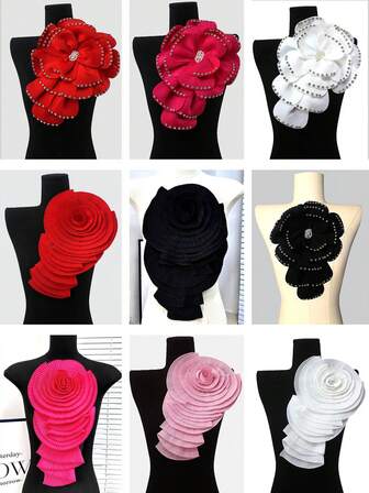 2 piezas/paquete, 2 diseños florales disponibles, flor de tela con aplicaciones de cuentas y cristales de 3D plisados de gran tamaño, colorida, adecuada para ropa, vestido de novia, decoración de disfraces, Tamaño: Longitud 24-26cm/Ancho 35-37cm