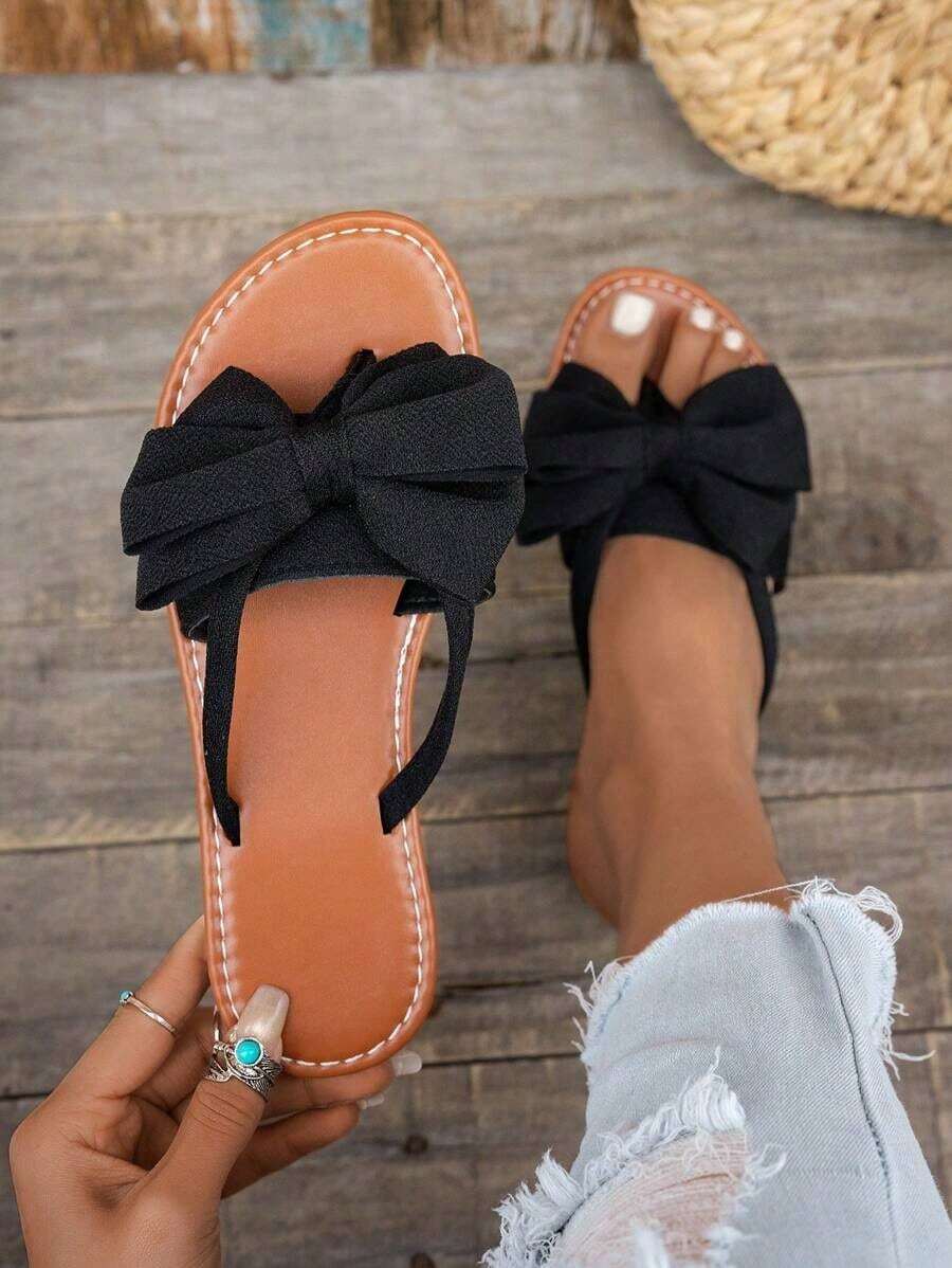 Breezelady Women's Flat Bow Thong Sandals, Elegant And Comfortable Flat Casual Beach Slippers For Summer - 黑色 - 查看 1