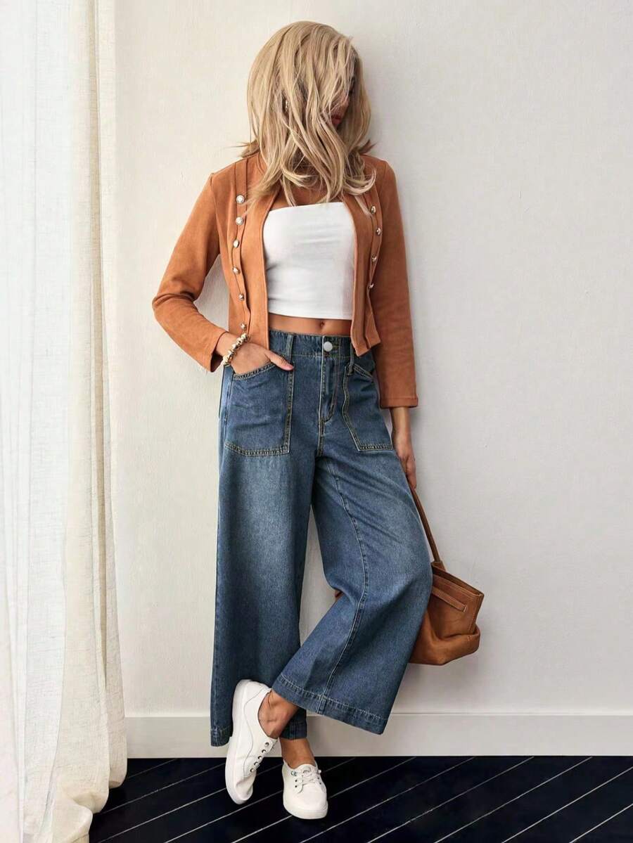 Jean large en denim pour femme, coupe à la mode, avec poches pratiques, longueur longue et braguette boutonnée classique, idéal pour un look décontracté. - Jean brut - Voir 1