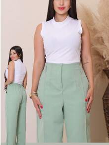 Women's Tailored Wide Leg Straight Leg Trousers With High Waist, Elastic Back, Side Pocket, Elegant And Comfortable, Loose Fit And Perfect Drape For The Office. - 薄荷綠 - 查看 1