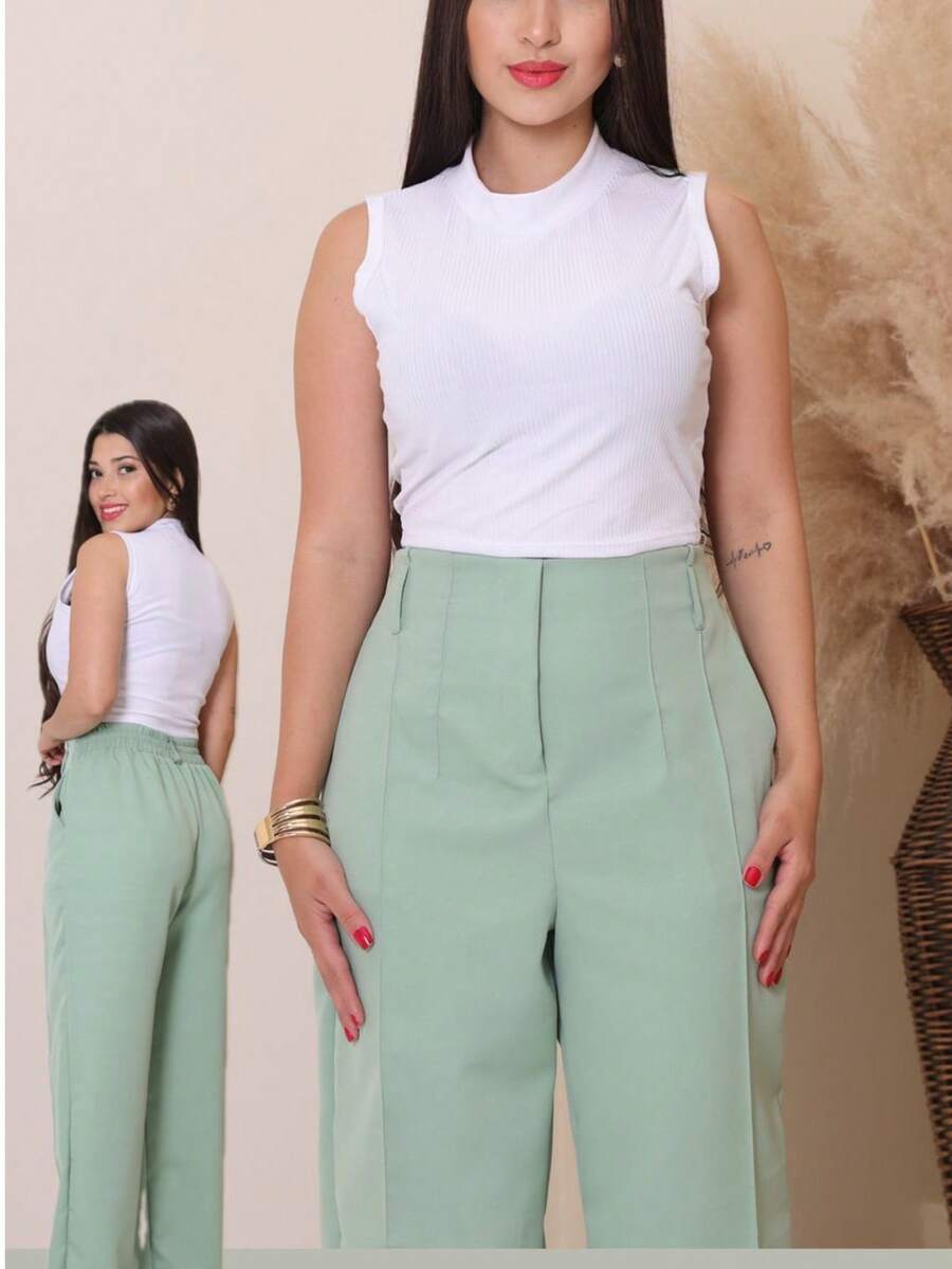Women's Tailored Wide Leg Straight Leg Trousers With High Waist, Elastic Back, Side Pocket, Elegant And Comfortable, Loose Fit And Perfect Drape For The Office. - 薄荷綠 - 查看 1