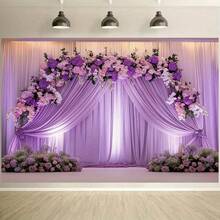 2D Flat 1pc Elegant Purple Floral And Curtain Wedding Backdrop - Polyester, No Electricity Required - Perfect For Birthday Parties, Outdoor Celebrations And Festivals, Wedding Decorations - 1PCS - View 2