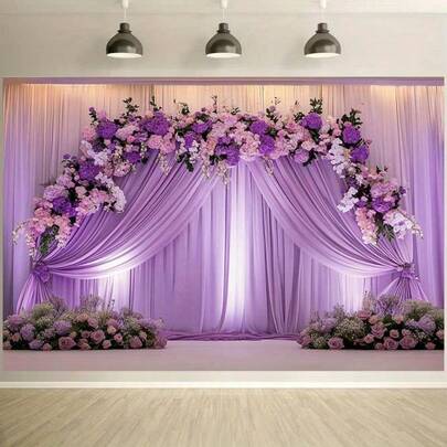 2D平面单件优雅紫色花卉帷幔婚礼背景幕布 - 涤纶材质，无需用电 - 非常适合生日派对、户外庆典和节日、婚礼装饰