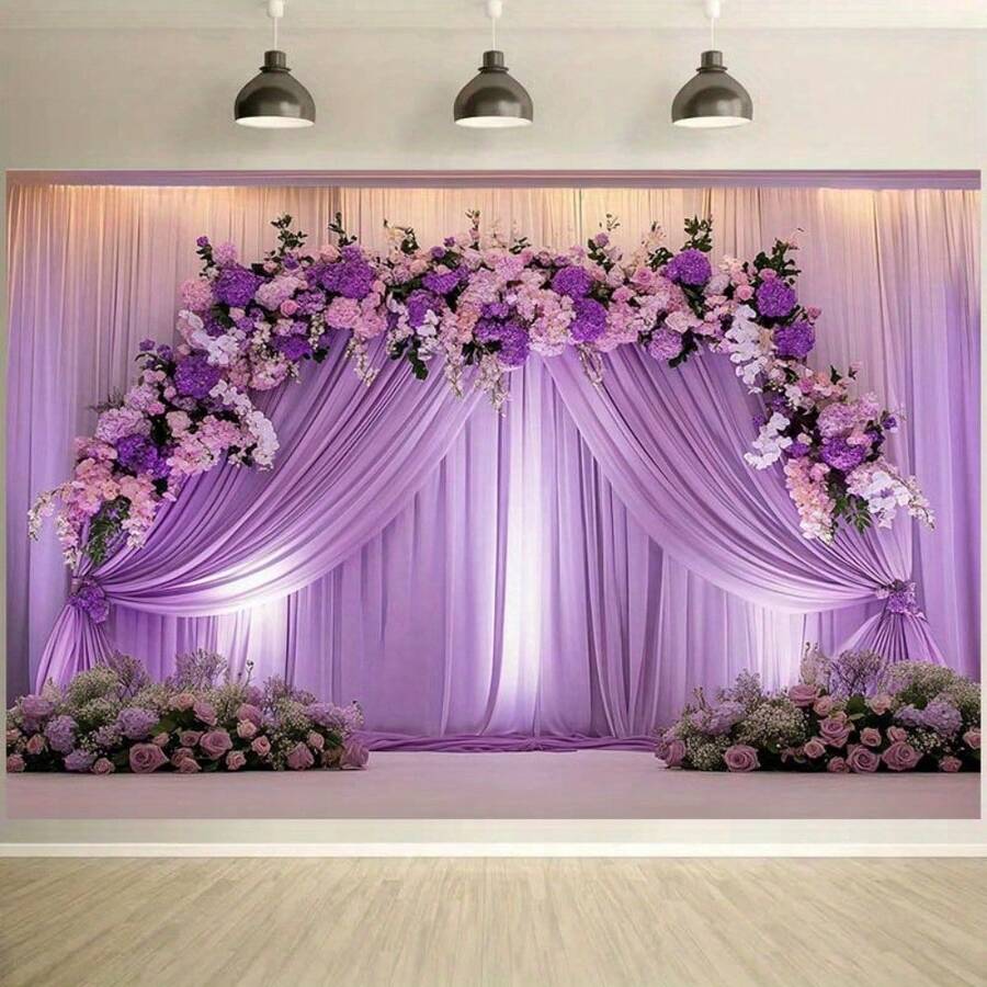 2D Flat 1pc Elegant Purple Floral And Curtain Wedding Backdrop - Polyester, No Electricity Required - Perfect For Birthday Parties, Outdoor Celebrations And Festivals, Wedding Decorations