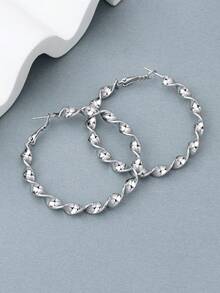 1 par de anillo y aretes de plata esterlina 925 exagerados, aretes grandes de aro con textura retorcida de moda para mujer, adecuados para uso diario y fiestas - Plateado - Ver 3