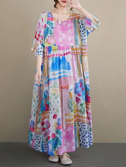 Tops Large Loose Long Bat Sleeve Summer Dress, Bright Splicing Print, Round Neck A-Line Woven Fabric With Pocket 2026 Women's Long Casual Dress Woven Fabric For Leisure Vacation Bohemian Long Dress Interior Sleeping Skirt One Piece Dress