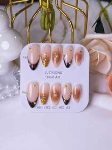 10 Handmade Almond-Shaped Press-On Nails: Amber Leopun Patterns, These Nails Feature Hand-Painted French Tips With Golden Mirror Powder, And Are Embellished With Golden Beads And White Pearls. Designed As Elegant, Romantic And Minimalist Press-On Nails, They Exude A Vibe Of High-End Charm, Sexiness And Understated Luxury. - Multicolor - View 3