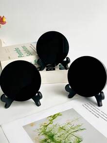 1 Set Crystal Obsidian Scrying Mirror, Round Feng Shui Mirror With Stand, Suitable For Divination, Meditation, Healing, Feng Shui - Black - View 3