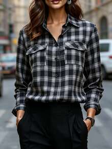 Women's Plaid Collared Long Sleeve Polyester Shirt, Regular Fit, Non-Stretch Top - Black - View 2