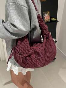 Japanischer Stil karierte Umhängetasche, modische plissierte Damen-Handtasche mit Schleife und Reißverschluss-Dekor, Umhänge-Aktentasche geeignet für Mittel-/Oberschüler und Studenten, leicht faltbare Stofftasche, ideal für Einkaufen und Pendeln, halbmondförmig - Verschiedenfarbig - Übersicht 7