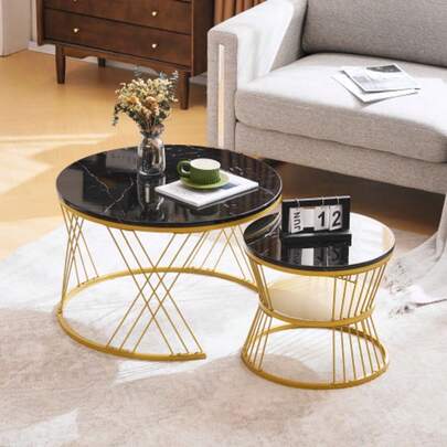 Modern Coffee Table Set, High Gloss Coffee Table Set, Sofa Nesting Side Tables With Marble Veneer, Round Side Tables, Set Of 2, Gold-Colored Frame