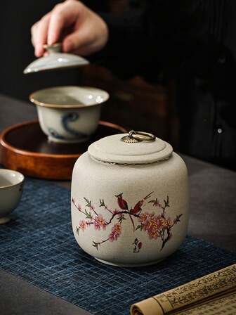 1pc Vintage Floral & Bird Print Airtight Ceramic Storage Jar, Retro Style Canister For Tea, Snacks, Desktop Decor, Housewarming Gift For Tea Lovers