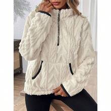 Suter de forro polar Sherpa de gran tamao con cremallera para mujer, sudaderas recortadas con solapa y bolsillos - Blanco + 2XL - Ver 6