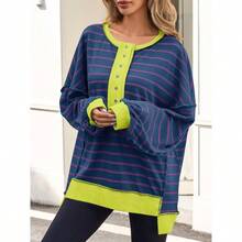 - Sudaderas de rayas de gran tamao para mujer, estilo Henley con bloques de color, estilo casual - marino + CH - Ver 5