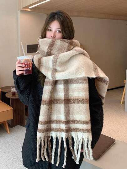 1pc Women's Autumn/Winter New Plush Tassel Scarf, Warm And Comfortable Large Shawl, Windproof And Warm For Outdoor, Simple And Versatile For Daily Wear, Suitable For Christmas And Other Holidays
