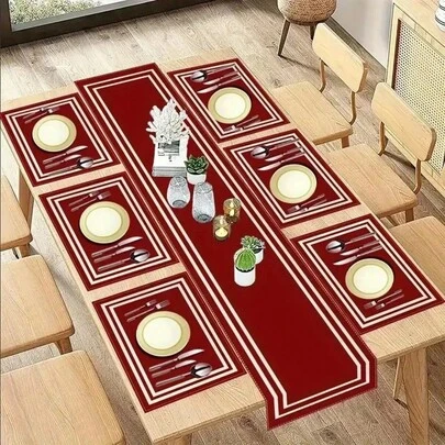 5/7pcs Set (Table Runner 33*183CM + Placemats 30*45CM), Linen Washable Kitchen Dining Table Mats, Suitable For Home, Outdoor, Holiday, Party Decoration, Table Cloth, Chinese Style, Dishes, Food Journey, Hosting Plates, Travel Set, Coasters, Kitchen Accessories