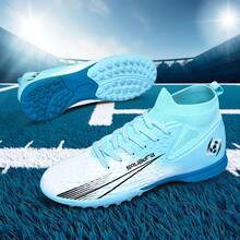 1 Par de Chuteiras de Futebol Unissex, Adequadas para Grama Sintética Externa, Campos de Treinamento Indoor, Esportes Coletivos Profissionais, Com Cadarço, Sola de Borracha Antiderrapante, Design Leve e de Alto Desempenho, Chuteiras de Futebol Populares Direto da Fábrica - Azul claro branco - Ver 10