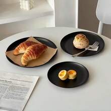 1 pieza/1 set de bandejas redondas de acero inoxidable, bandejas de almacenamiento y exhibición de joyas de alto valor, platos para pasta, platos para té de la tarde, platos para postres, platos para postres de alto valor, platos para pasteles, platos para frutas del desayuno, platos multiusos para servir alimentos, platos aptos para lavavajillas, utensilios de cocina modernos, vajilla duradera, suministros para restaurantes, artículos esenciales para la cocina y el catering. - Negro - Ver 5