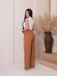 Women's Tailored Wide Leg Straight Leg Trousers With High Waist, Elastic Back, Side Pocket, Elegant And Comfortable, Loose Fit And Perfect Drape For The Office. - Telha - 查看 4