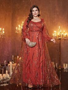 [Random Cut] UNITHORSE Plus Women's Sweetheart Neckline Lantern Sleeve Slim-Fitting Long Evening Dress - Orange - View 1