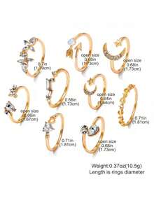 Juego de 9 anillos apilables de tono dorado con diseños de estrella, luna, corazón, flor y hoja con cristales, elegantes y de moda, adecuados para todas las ocasiones, gran opción de regalo