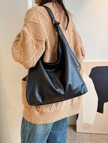 Solid Color Vintage Casual Large Capacity Foldable Shoulder Bag, Lightweight For Students, Shopping, Outdoor Walking , Office - Black - View 4