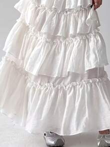 Elegant Women's White Layered Solid Color Skirt, Suitable For Spring And Summer - White - View 5