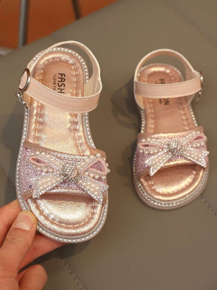 1 Pair Fashion Versatile Girls' Pearl & Rhinestone Bow Decor Cute Flat Sandals, Round Toe, Suitable For Daily Wear, Dancing, Outdoor, Decorated With Sequins, Closed Toe Princess Shoes, Spring And Autumn - Pink - View 1