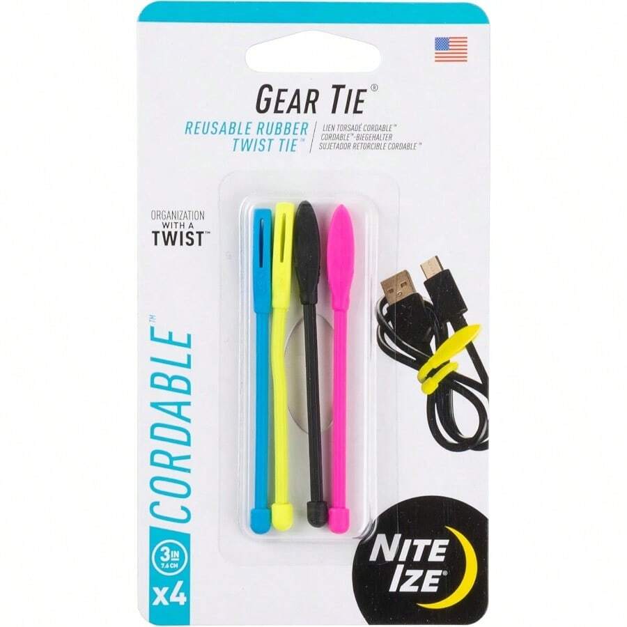 Nite Ize Gear Tie Cordable The Original Reusable Rubber Twist Tie with Stretch-Loop For Cord Management + Storage 3-Inch Assorted Colors 4 Pack Made in the USA - SURTIDO - Ver 1