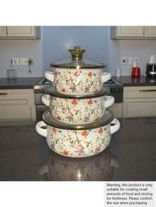 3件套搪瓷涂层炊具套装，包括12厘米、14厘米、16厘米双耳奶锅、搪瓷碗、迷你锅、加厚搪瓷汤锅，适用于电磁炉和燃气灶少量烹饪和食物储存。