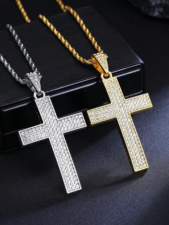 1件 2026新款高端镶钻十字架项链，欧美跨境个性化百搭十字架吊坠配饰，宗教礼物，家庭节日和生日礼物，简约轻盈奢华风格，不褪色嘻哈设计，男女皆宜，3.0英寸长不锈钢扭链毛衣链批发，男士日常佩戴