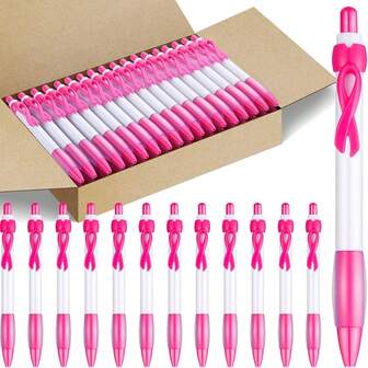 12 支乳腺癌宣传笔 - 粉色圆顶笔，带有“乳腺癌宣传”设计，可伸缩夹子，光滑黑色墨水，适合作为 14 岁及以上人士的支持礼物，宣传礼物 | 彩色带设计 | 塑料笔身，学校用品，返校
