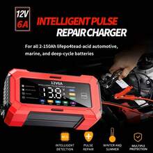 1个12V 6A智能液晶显示屏电池充电器，汽车电池充电器，适用于汽车、卡车、摩托车、割草机、船只等2个150Ah电池。110V-240V输入，具有电压检测、温度补偿和自动断电功能。