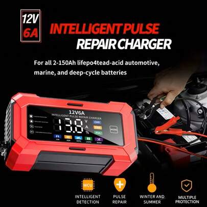 1 pieza Cargador de batería inteligente con pantalla LCD de 12V 6A, cargador de batería de coche, adecuado para baterías de 2-150Ah en coches, camiones, motos, cortadoras de césped, barcos, etc. Entrada de 110V-240V, con detección de voltaje, compensación de temperatura, apagado automático