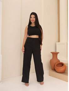 Women's Tailored Wide Leg Straight Leg Trousers With High Waist, Elastic Back, Side Pocket, Elegant And Comfortable, Loose Fit And Perfect Drape For The Office. - 黑色 - 查看 1